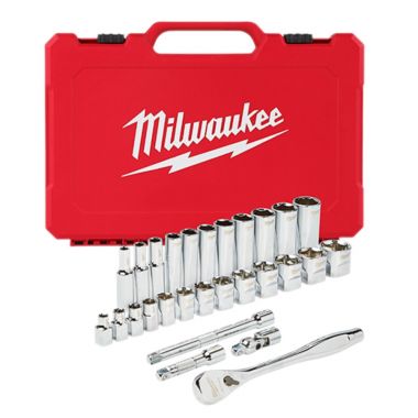 Click here to see Milwaukee 48-22-9408 Milwaukee 3/8-Inch SAE Drive Ratchet and Socket Set, 28 Pieces - 48-22-9408