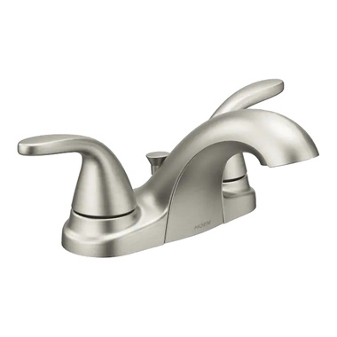 Click here to see  84603SRN Moen Adler Two-Handle Spot Resist Brushed Nickel Centerset Bathroom Faucet with Plastic Pop-Up, 1.2 GPM, ADA Lever Handle, WaterSense, Three-Hole - 84603SRN
