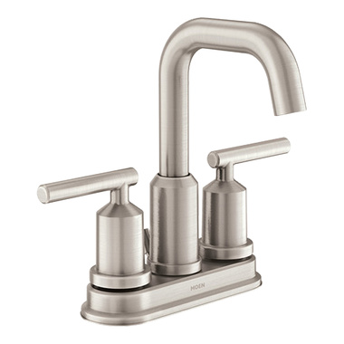 Click here to see  WS84228SRN Moen Gibson Two-Handle High Arc Centerset Spot Resist Brushed Nickel Bathroom Faucet with Pop-Up Drain, 1.2 GPM, Lever Handles, Tubular Spout, WaterSense, ADA - WS84228SRN