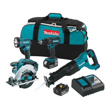 Click here to see Makita XT442 Makita 18V LXT Lithium‑Ion 3.0Ah Cordless Hammer Driver Drill, Reciprocating Saw, Circular Saw, and Flashlight, 4‑Piece Combo Kit - XT442 