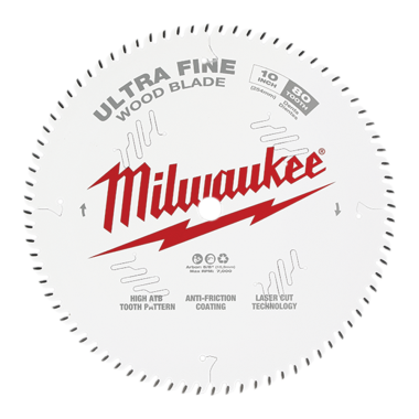 Click here to see Milwaukee 48-40-1032 Milwaukee 10in 80T Ultra Fine Finish Circular Saw Blade with 5/8in Arbor Size and 0.094 Kerf Thickness - 48-40-1032