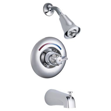 Click here to see Delta T13H283 Delta T13H283 TECK MultiChoice Universal Pressure Balance Tub/Shower Trim w/ Diverter Spout, H2Okinetic Showerhead, Lever Blade, Chrome