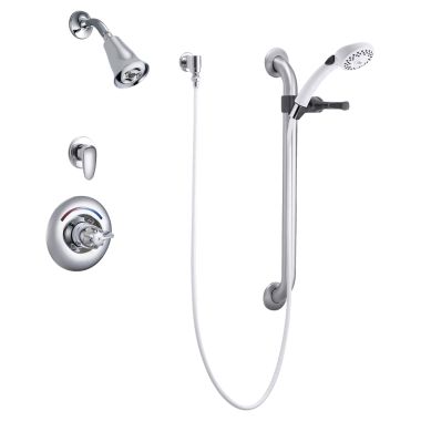 Click here to see Delta T13H383 Delta T13H383 TECK MultiChoice Universal Pressure Balance Shower Trim w/ Hand Shower, H2Okinetic Showerhead, Lever Blade, Chrome
