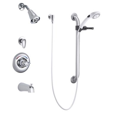 Click here to see Delta T13H983 Delta T13H983 TECK MultiChoice Universal Pressure Balance Tub/Shower Trim w/ Hand Shower, H2Okinetic Showerhead, Lever Blade, Chrome