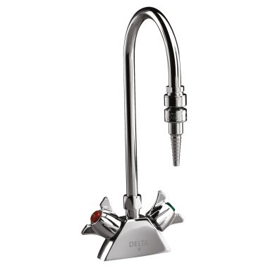 Click here to see Delta W6700-9 Delta W6700-9 Teck Deckmount 2-Lab Handle Mixing Faucet w/ Gooseneck, In-Line Dual Check, 7/8