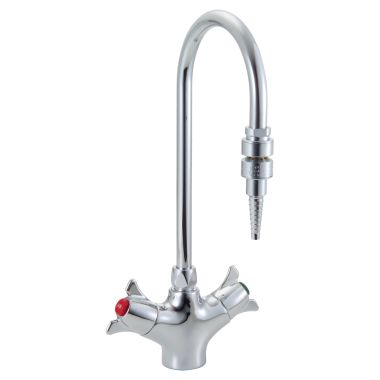 Click here to see Delta W6760-9 DELTA W6760-9 Teck Deckmount 2-Arm Lab Handles Single Shank Mixing Faucet w/ Gooseneck, In-Line Dual Check, Chrome