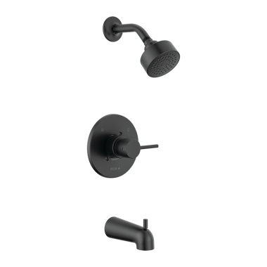 Click here to see Delta T14459-BL-PP Delta Trinsic Monitor 14 Series H2Okinetic Tub/Shower Faucet with Rain Showerhead, Single-Handle, 1.75 GPM, Lever Handle, Matte Black, Project Pack - T14459-BL-PP