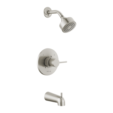 Click here to see Delta T14459-SS-PP Delta Trinsic Monitor 14 Series H2Okinetic Tub/Shower Faucet with Rain Showerhead, Single-Handle, 1.75 GPM, Lever Handle, Stainless, Project Pack - T14459-SS-PP
