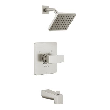 Click here to see Delta T14467-SS-PP Delta Ara Monitor 14 Series Tub/Shower Faucet with H2Okinetic Showerhead, 1.75 GPM, Single-Handle, Lever Handle, Project Pack, Stainless - T14467-SS-PP