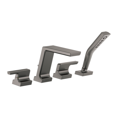 Click here to see Delta T4799-KS-PR Delta Pivotal Two-Handle Roman Tub Faucet Trim with 1.75 GPM Three-Setting Hand Shower, H2Okinetic, Angular Spout, Lever Handles, Lumicoat Black Stainless - T4799-KS-PR