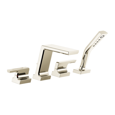 Click here to see Delta T4799-PN-PR Delta Pivotal Two-Handle Roman Tub Faucet Trim with 1.75 GPM Three-Setting Hand Shower, H2Okinetic, Angular Spout, Lever Handles, Lumicoat Polished Nickel - T4799-PN-PR