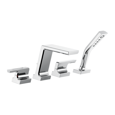 Click here to see Delta T4799-PR Delta Pivotal Two-Handle Roman Tub Faucet Trim with 1.75 GPM Three-Setting Hand Shower, H2Okinetic, Angular Spout, Lever Handles, Lumicoat Chrome - T4799-PR