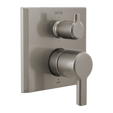 Click here to see Delta T24999-SS-PR Delta Pivotal Monitor 14 Series Valve Trim w/ 6-Function Diverter, Lever Handles, Lumicoat Stainless Steel - T24999-SS-PR