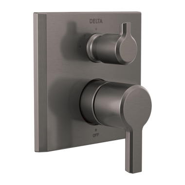 Click here to see Delta T24899-KS-PR Delta Pivotal Monitor 14 Series Valve Trim w/ 3-Function Diverter, Lever Handles, Lumicoat Black Stainless - T24899-KS-PR