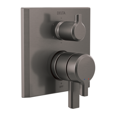 Click here to see Delta T27999-KS-PR Delta Pivotal Monitor 17 Series Two-Handle Valve Trim w/ 6-Function Diverter, Lever Handles, Lumicoat Black Stainless - T27999-KS-PR