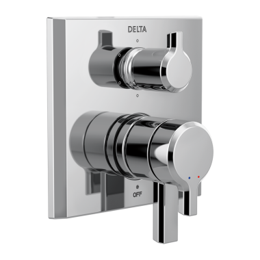 Click here to see Delta T27999-PR Delta Pivotal Monitor 17 Series Two-Handle Valve Trim w/ 6-Function Diverter, Lever Handles, Lumicoat Polished Chrome - T27999-PR