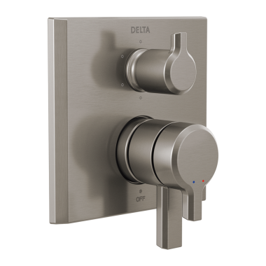 Click here to see Delta T27999-SS-PR Delta Pivotal Monitor 17 Series Two-Handle Valve Trim w/ 6-Function Diverter, Lever Handles, Lumicoat Stainless Steel - T27999-SS-PR
