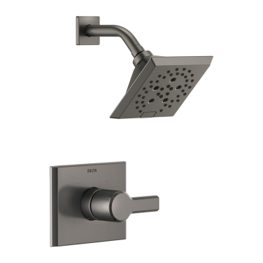 Click here to see Delta T14299-KS-PR Delta Pivotal Monitor 14 Series H2Okinetic Shower Faucet with 5-Setting Angular Rainhead, 1.75 GPM, Single Lever Handle, Lumicoat, Black Stainless - T14299-KS-PR