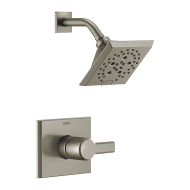 Click here to see Delta T14299-SS-PR Delta Pivotal Monitor 14 Series H2Okinetic Shower Faucet with 5-Setting Angular Rainhead, 1.75 GPM, Single Lever Handle, Lumicoat, Stainless Steel - T14299-SS-PR