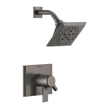 Click here to see Delta T17299-KS-PR Delta Pivotal Monitor 17 Series Two-Handle H2Okinetic Shower Faucet with Volume Control, 1.75 GPM, Lever Handles, Lumicoat, Black Stainless - T17299-KS-PR