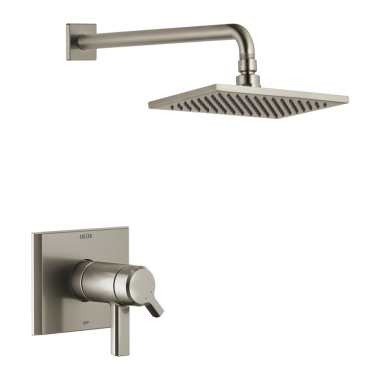 Click here to see Delta T17T299-SS-PR Delta Pivotal TempAssure 17T Series Two-Handle H2Okinetic Shower Faucet with Volume Control, 2.5 GPM, Lever Handles, Lumicoat, Stainless - T17T299-SS-PR