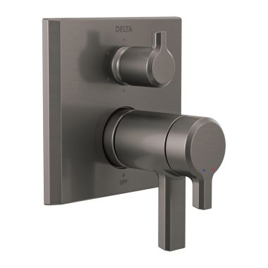 Click here to see Delta T27T999-KS-PR Delta Pivotal TempAssure 17T Series Two-Handle Valve Trim w/ 6-Function Diverter, Lever Handles, Lumicoat Black Stainless - T27T999-KS-PR