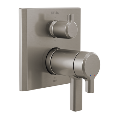 Click here to see Delta T27T999-SS-PR Delta Pivotal TempAssure 17T Series Two-Handle Valve Trim w/ 6-Function Diverter, Lever Handles, Lumicoat Stainless Steel - T27T999-SS-PR