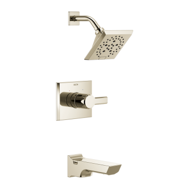 Click here to see Delta T14499-PN-PR Delta Pivotal Monitor 14 Series H2Okinetic Tub/Shower Faucet with Rain Showerhead, Single-Handle, 1.75 GPM, Lever Handle, Lumicoat, Polished Nickel - T14499-PN-PR