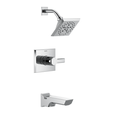 Click here to see Delta T14499-PR Delta Pivotal Monitor 14 Series H2Okinetic Tub/Shower Faucet with Rain Showerhead, Single-Handle, 1.75 GPM, Lever Handle, Lumicoat, Chrome - T14499-PR