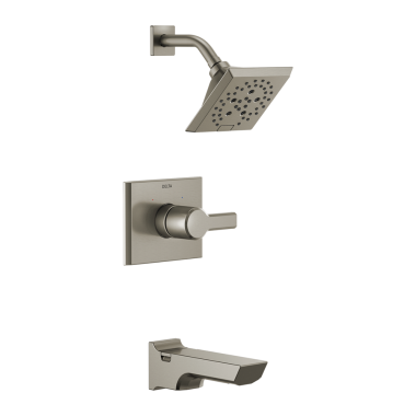 Click here to see Delta T14499-SS-PR Delta Pivotal Monitor 14 Series H2Okinetic Tub/Shower Faucet with Rain Showerhead, Single-Handle, 1.75 GPM, Lever Handle, Lumicoat, Stainless - T14499-SS-PR
