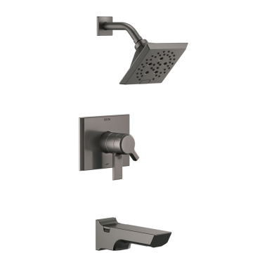 Click here to see Delta T17499-KS-PR Delta Pivotal Monitor 17 Series Two-Handle H2Okinetic Tub/Shower Faucet with Volume Control, 1.75 GPM, Lever Handles, Lumicoat, Black Stainless - T17499-KS-PR