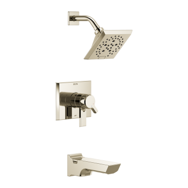 Click here to see Delta T17499-PN-PR Delta Pivotal Monitor 17 Series Two-Handle H2Okinetic Tub/Shower Faucet with Volume Control, 1.75 GPM, Lever Handles, Lumicoat, Polished Nickel - T17499-PN-PR