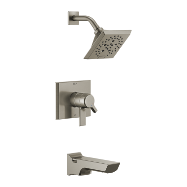 Click here to see Delta T17499-SS-PR Delta Pivotal Monitor 17 Series Two-Handle H2Okinetic Tub/Shower Faucet with Volume Control, 1.75 GPM, Lever Handles, Lumicoat, Stainless - T17499-SS-PR