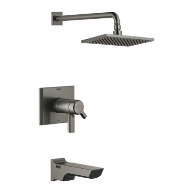 Click here to see Delta T17T499-KS-PR Delta Pivotal TempAssure 17T Series H2Okinetic Tub/Shower Faucet with Rain Showerhead, Two-Handle, 2.5 GPM, Lever Handle, Lumicoat, Black Stainless - T17T499-KS-PR