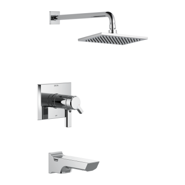 Click here to see Delta T17T499-PR Delta Pivotal TempAssure 17T Series H2Okinetic Tub/Shower Faucet with Rain Showerhead, Two-Handle, 2.5 GPM, Lever Handle, Lumicoat, Chrome - T17T499-PR
