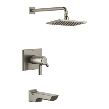 Click here to see Delta T17T499-SS-PR Delta Pivotal TempAssure 17T Series H2Okinetic Tub/Shower Faucet with Rain Showerhead, Two-Handle, 2.5 GPM, Lever Handle, Lumicoat, Stainless - T17T499-SS-PR