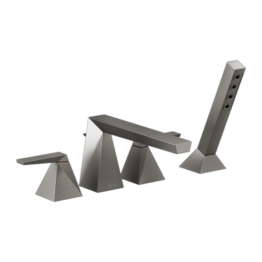 Click here to see Delta T4743-KS-PR Delta Trillian Two-Handle Roman Tub Faucet Trim with 1.75 GPM Single-Setting Hand Shower, H2Okinetic, Angular Spout, Lever Handles, Lumicoat Black Stainless - T4743-KS-PR