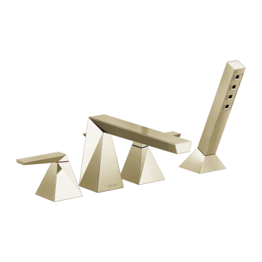 Click here to see Delta T4743-PN-PR Delta Trillian Two-Handle Roman Tub Faucet Trim with 1.75 GPM Single-Setting Hand Shower, H2Okinetic, Angular Spout, Lever Handles, Lumicoat Polished Nickel - T4743-PN-PR