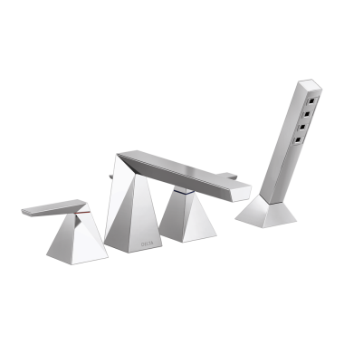 Click here to see Delta T4743-PR Delta Trillian Two-Handle Roman Tub Faucet Trim with 1.75 GPM Single-Setting Hand Shower, H2Okinetic, Angular Spout, Lever Handles, Lumicoat Chrome - T4743-PR