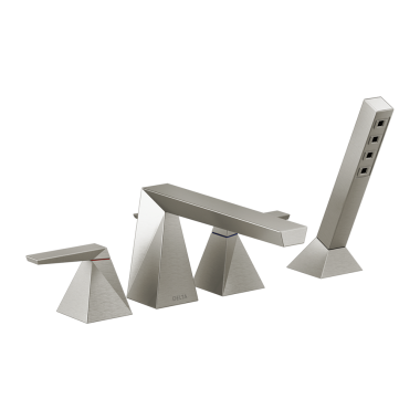 Click here to see Delta T4743-SS-PR Delta Trillian Two-Handle Roman Tub Faucet Trim with 1.75 GPM Single-Setting Hand Shower, H2Okinetic, Angular Spout, Lever Handles, Lumicoat Stainless - T4743-SS-PR