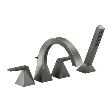 Click here to see Delta T4746-KS-PR Delta Trillian Two-Handle Roman Tub Faucet Trim with 1.75 GPM Single-Setting Hand Shower, H2Okinetic, High Arc Spout, Lever Handles, Lumicoat Black Stainless - T4746-KS-PR