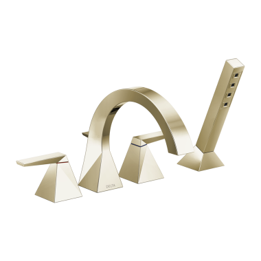 Click here to see Delta T4746-PN-PR Delta Trillian Two-Handle Roman Tub Faucet Trim with 1.75 GPM Single-Setting Hand Shower, H2Okinetic, High Arc Spout, Lever Handles, Lumicoat Polished Nickel - T4746-PN-PR