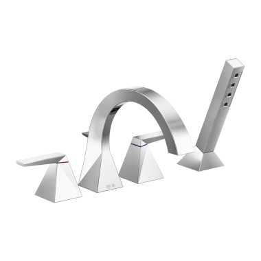 Click here to see Delta T4746-PR Delta Trillian Two-Handle Roman Tub Faucet Trim with 1.75 GPM Single-Setting Hand Shower, H2Okinetic, High Arc Spout, Lever Handles, Lumicoat Chrome - T4746-PR