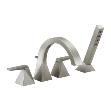 Click here to see Delta T4746-SS-PR Delta Trillian Two-Handle Roman Tub Faucet Trim with 1.75 GPM Single-Setting Hand Shower, H2Okinetic, High Arc Spout, Lever Handles, Lumicoat Stainless - T4746-SS-PR
