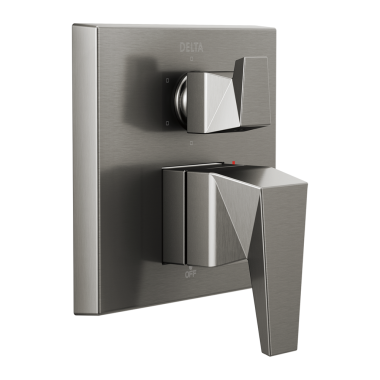 Click here to see Delta T24943-KS-PR Delta Trillian Monitor 14 Series Valve Trim w/ 6-Function Diverter, Lever Handles, Lumicoat Black Stainless - T24943-KS-PR