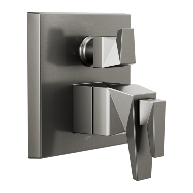 Click here to see Delta T27T843-KS-PR Delta Trillian TempAssure 17T Series Two-Handle Valve Trim w/ 3-Function Diverter, Lever Handles, Lumicoat Black Stainless - T27T843-KS-PR