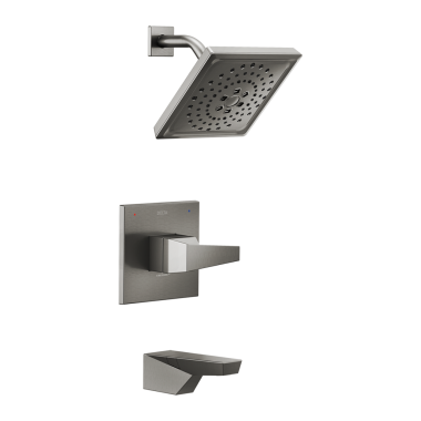 Click here to see Delta T14443-KS-PR Delta Trillian Monitor 14 Series Single-Handle Tub/Shower Faucet with H2Okinetic Showerhead, 1.75 GPM, Lever Handle, Lumicoat, Black Stainless - T14443-KS-PR