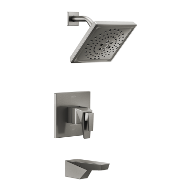 Click here to see Delta T17T443-KS-PR Delta Trillian TempAssure 17T Series Two-Handle Tub/Shower Faucet with H2Okinetic Showerhead, 1.75 GPM, Lever Handle, Lumicoat, Black Stainless - T17T443-KS-PR