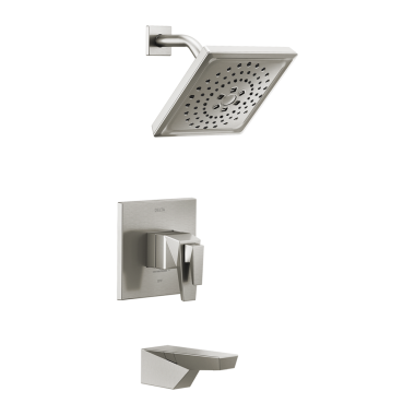 Click here to see Delta T17T443-SS-PR Delta Trillian TempAssure 17T Series Two-Handle Tub/Shower Faucet with H2Okinetic Showerhead, 1.75 GPM, Lever Handle, Lumicoat, Stainless - T17T443-SS-PR