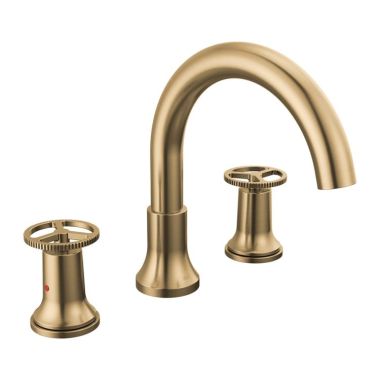 Click here to see Delta T2758-CZ Delta Trinsic Two-Handle Roman Tub Faucet Trim, High Arc Spout, Wheel Handles, Champagne Bronze - T2758-CZ